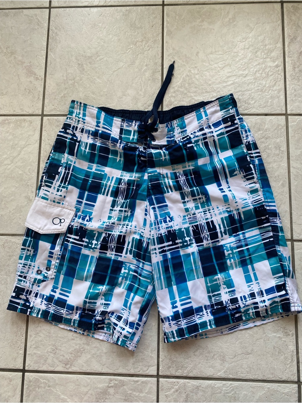 OP Ocean Pacific Men's Medium Swim Trunks Plaid Teal Blue Cargo Pocket Mesh 32